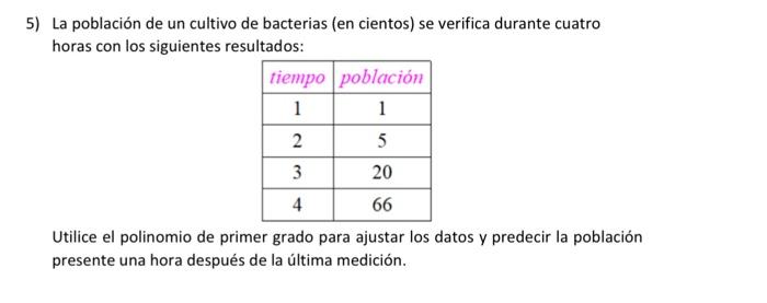 5) La población de un cultivo de bacterias (en cientos) se verifica durante cuatro horas con los siguientes resultados: Utili