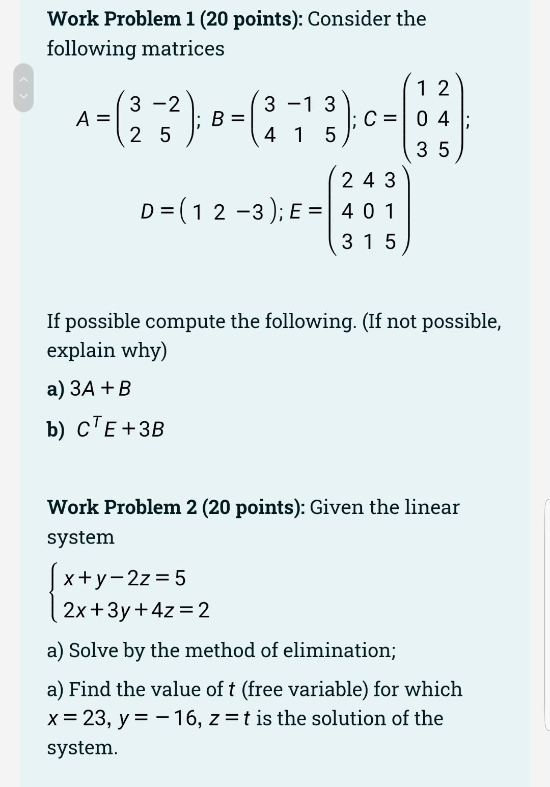 Solved Work Problem 1 (20 points): Consider the following | Chegg.com