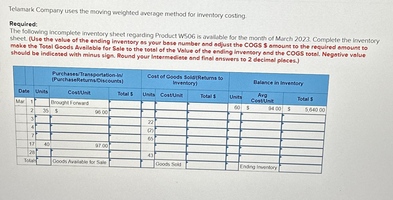 Solved Telamark Company uses the moving weighted average | Chegg.com