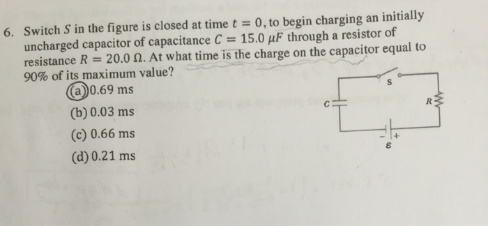 Solved 6. Switch S in the figure is closed at time t = 0, to | Chegg.com