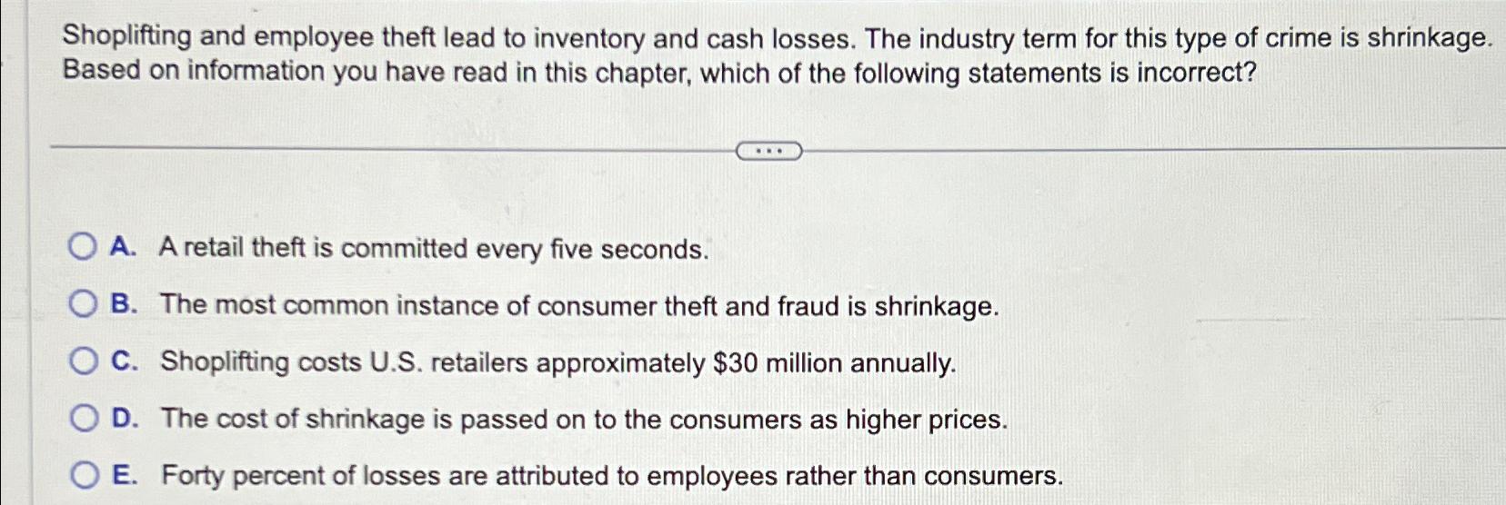 Solved Shoplifting and employee theft lead to inventory and | Chegg.com
