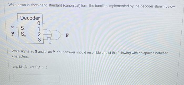 Write down in short-hand standard (canonical) form the function implemented by the decoder shown below.
Write sigma as \( S \