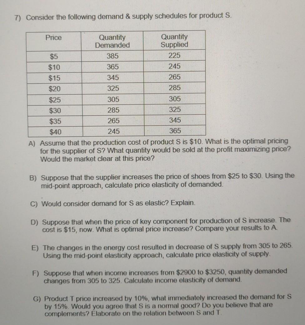 Solved 7) Consider the following demand & supply schedules | Chegg.com