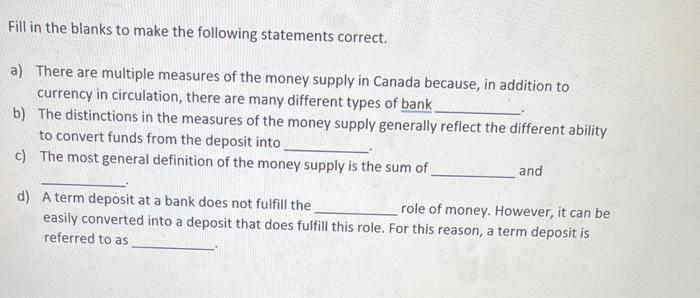 Solved Fill In The Blanks To Make The Following Statements | Chegg.com