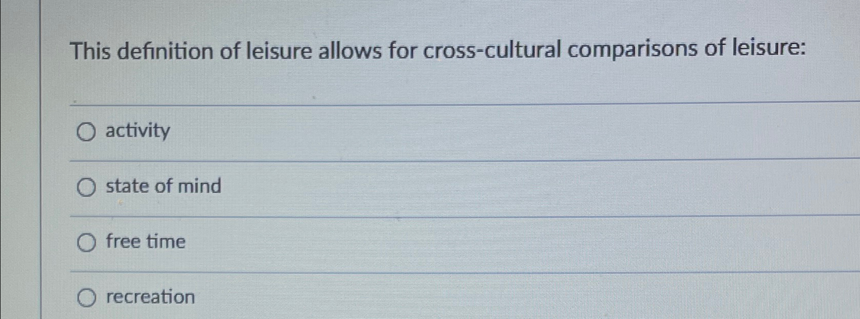 Solved This definition of leisure allows for crosscultural