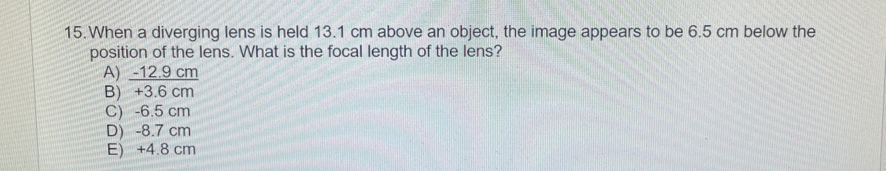 Solved When a diverging lens is held 13.1cm ﻿above an | Chegg.com