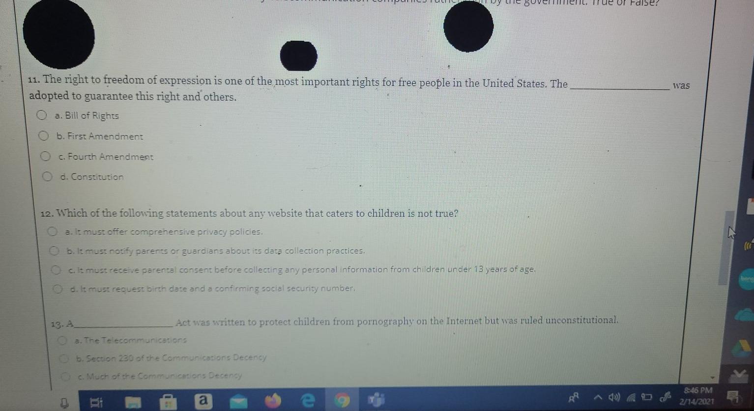 Solved SOVELTEIL. ue or False. was 11. The right to freedom | Chegg.com