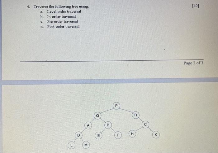 Solved [40] я 4. Traverse the following tree using: Level | Chegg.com