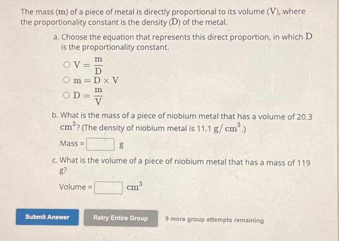 Solved The mass (m) of a piece of metal is directly | Chegg.com