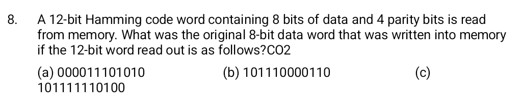 Solved A 12-bit Hamming code word containing 8 ﻿bits of data | Chegg.com