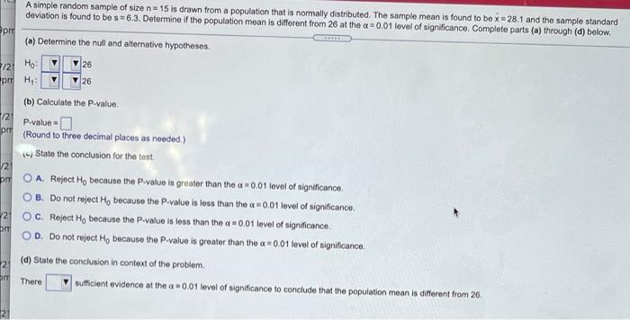 Solved A simple random sample of size n= 15 is drawn from a | Chegg.com
