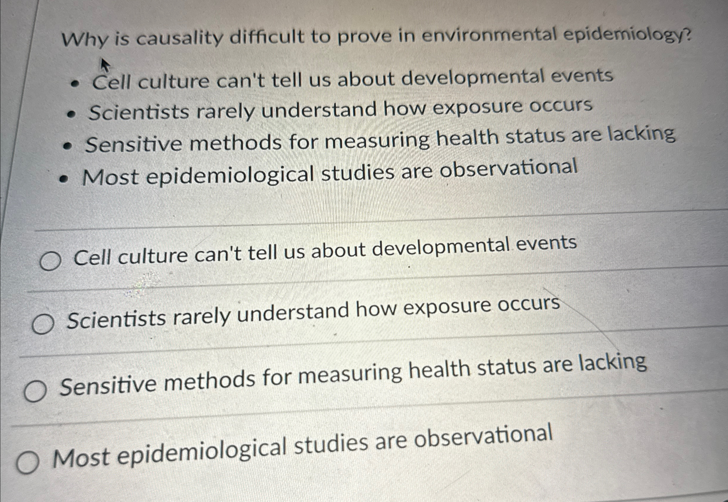 Solved Why is causality difficult to prove in environmental | Chegg.com