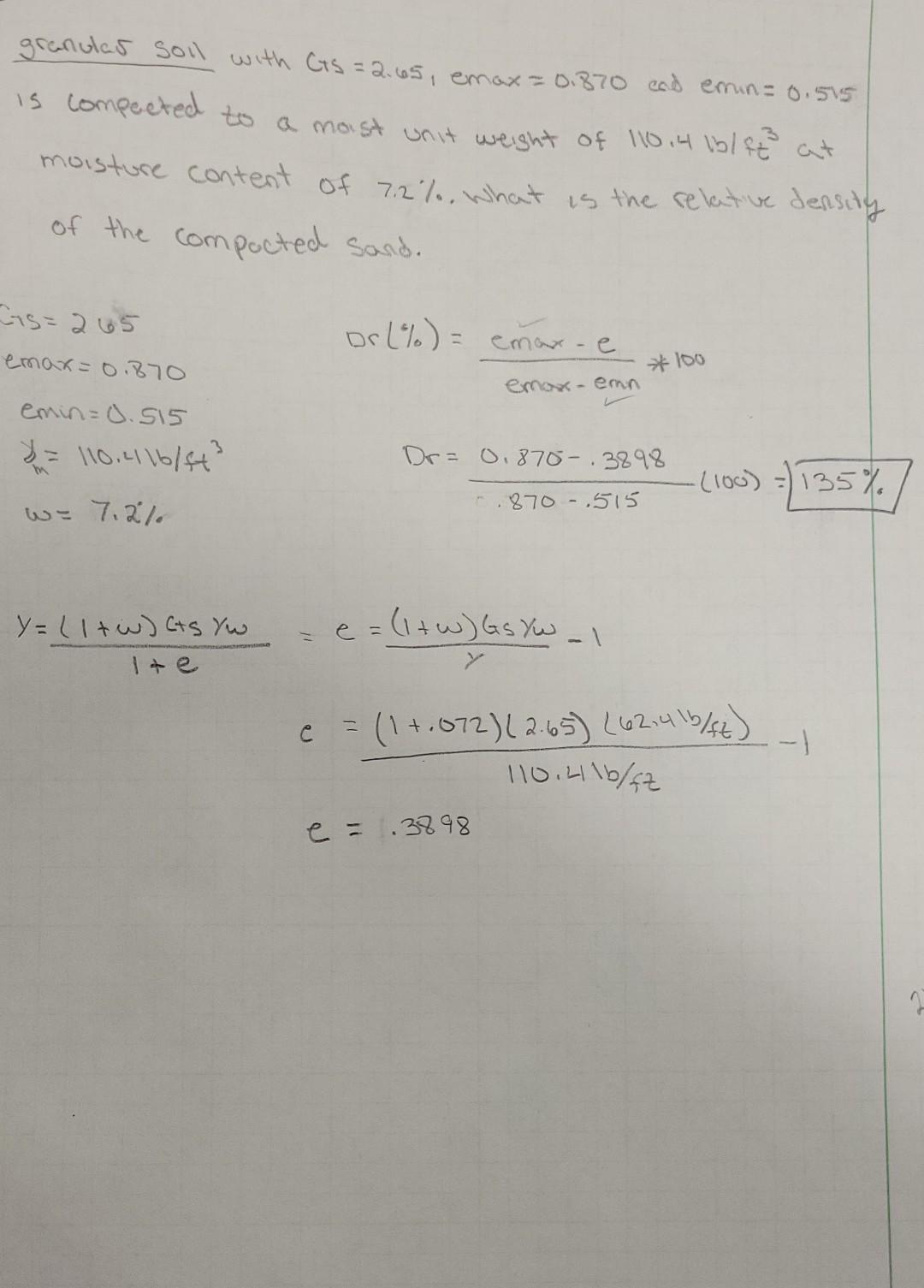 Solved granulas soll with Gs = 2.65, emax=0.870 cad | Chegg.com