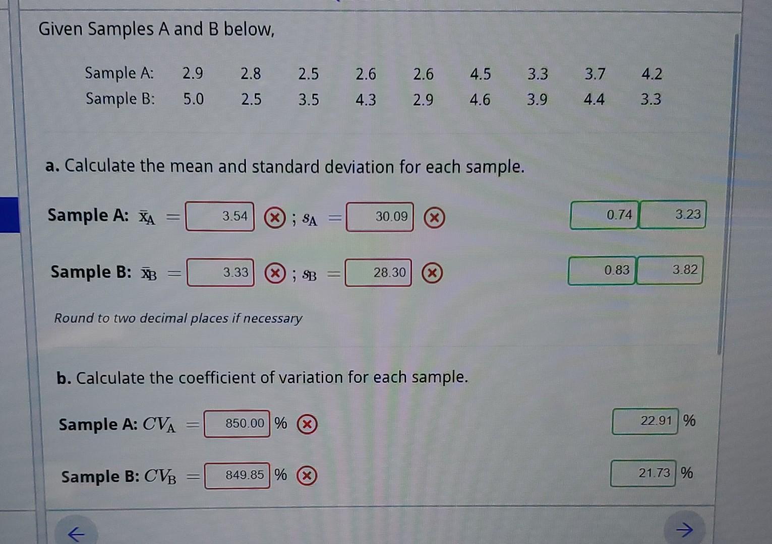 Solved Given Samples A and B below, a. Calculate the mean | Chegg.com