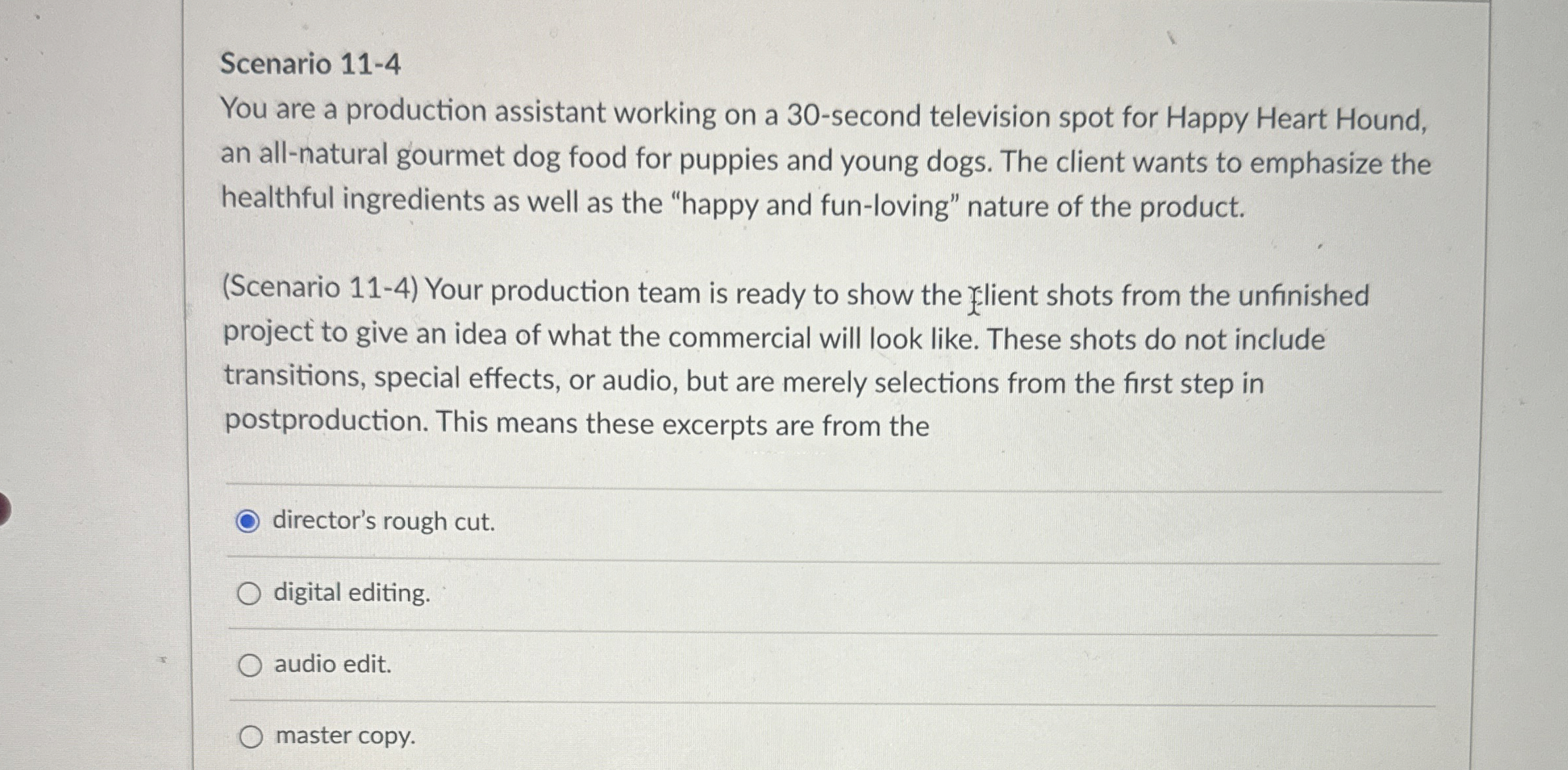 Solved Scenario 11-4You are a production assistant working | Chegg.com