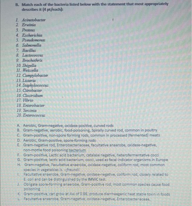 Solved B. Match each of the bacteria listed below with the | Chegg.com