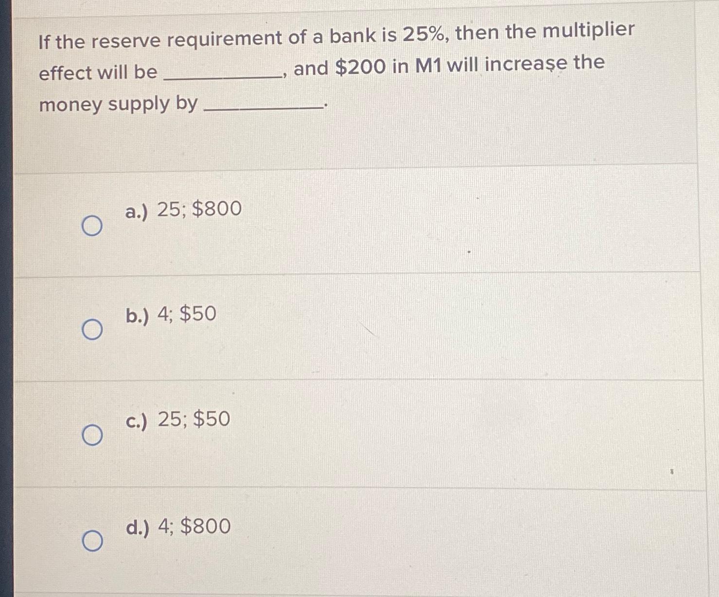 Solved If the reserve requirement of a bank is 25%, ﻿then | Chegg.com