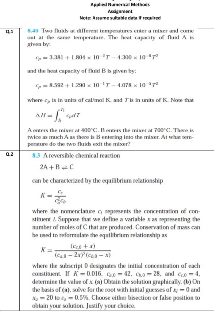 Solved Applied Numerical Methods Assignment Note: Assume | Chegg.com