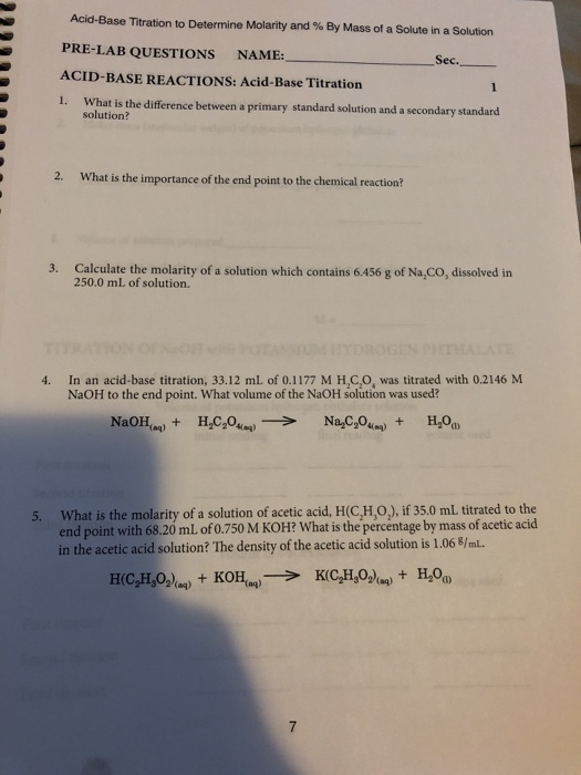 Acid Base Titration To Determine Molarity And Chegg 