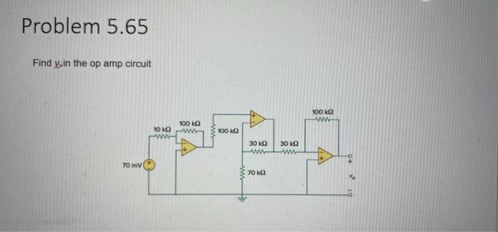 Problem 5.65 Find y in the op amp circuit 100 kg 100 12 w ΤΟ ΚΩ w 100 K 30 kg w 30 kg w 70 mV w 70 kg