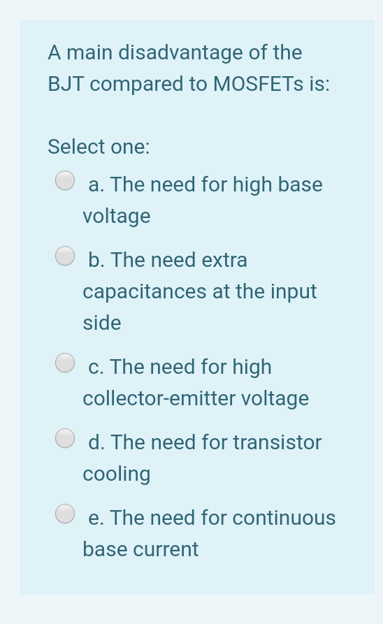 Solved A main disadvantage of the BJT compared to MOSFETs