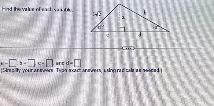 Solved Find the value of each variable. a=b=c= and d= | Chegg.com