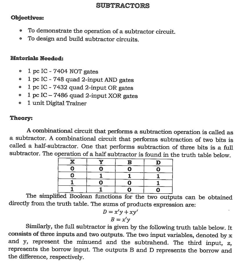 Solved SUBTRACTORS Objectives: © To demonstrate the | Chegg.com