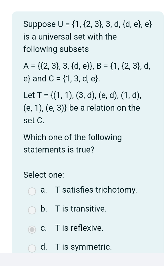 Solved Suppose U={1,{2,3},3,d,{d,e},e} ﻿is a universal set | Chegg.com