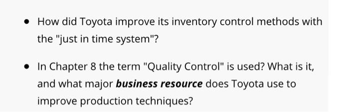 Solved • How did Toyota improve its inventory control | Chegg.com