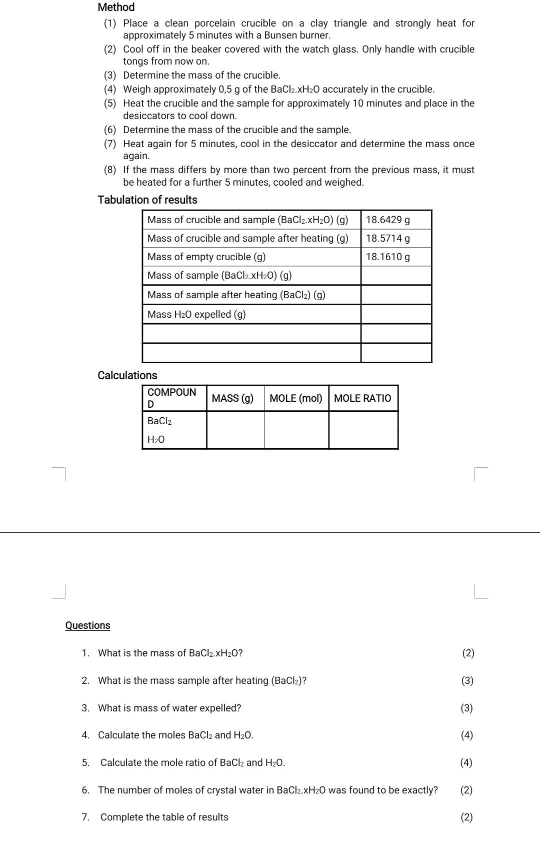 Solved Method (1) Place a clean porcelain crucible on a clay