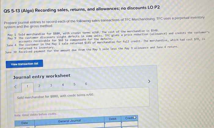 Solved QS 5-13 (Algo) Recording sales, returns, and | Chegg.com