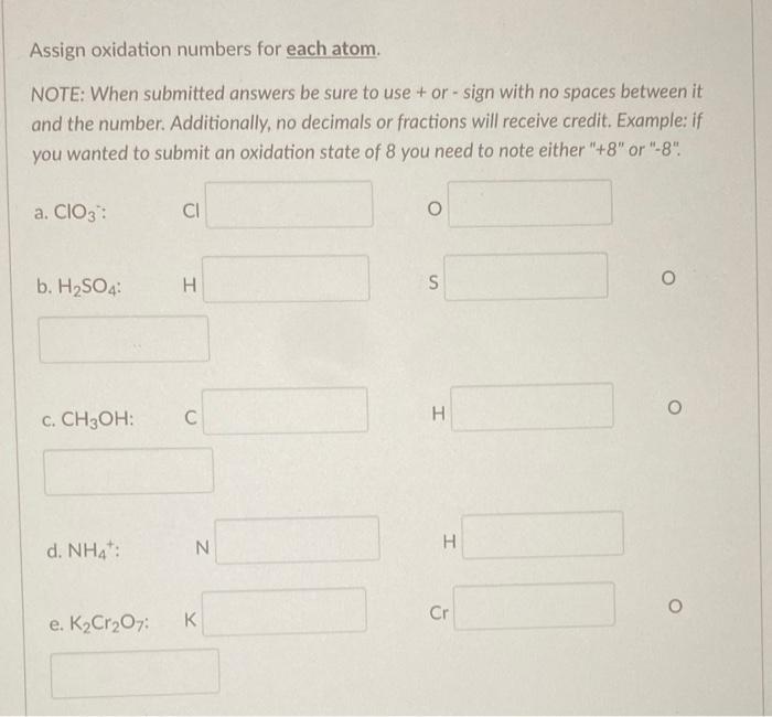 Solved Assign Oxidation Numbers For Each Atom. NOTE: When | Chegg.com