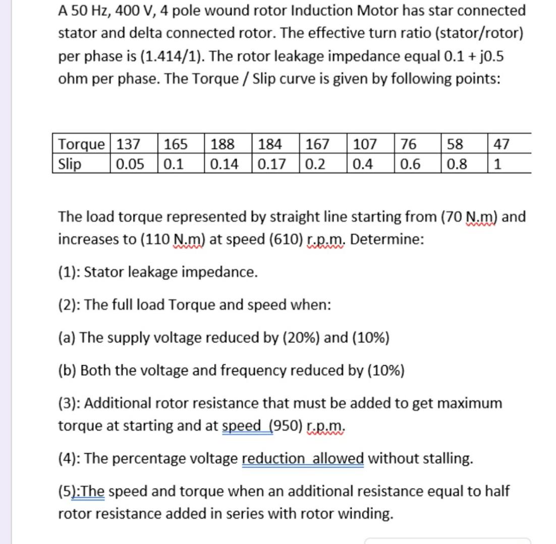 Solved A 50 Hz, 400 V, 4 pole wound rotor Induction Motor