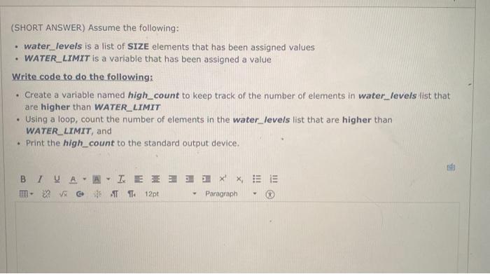 Solved (SHORT ANSWER) Assume the following: water_levels is | Chegg.com