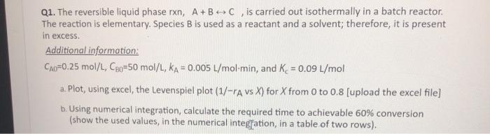Solved Q1. The reversible liquid phase rxn, A+B C , is | Chegg.com