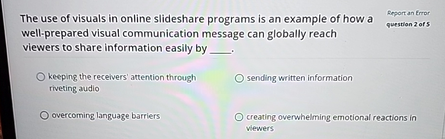 Solved The use of visuals in online slideshare programs is | Chegg.com