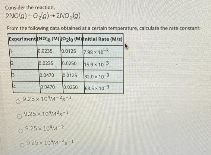 Solved Consider the reaction, 2NO(g) + O2(0) + 2NO 269) From | Chegg.com