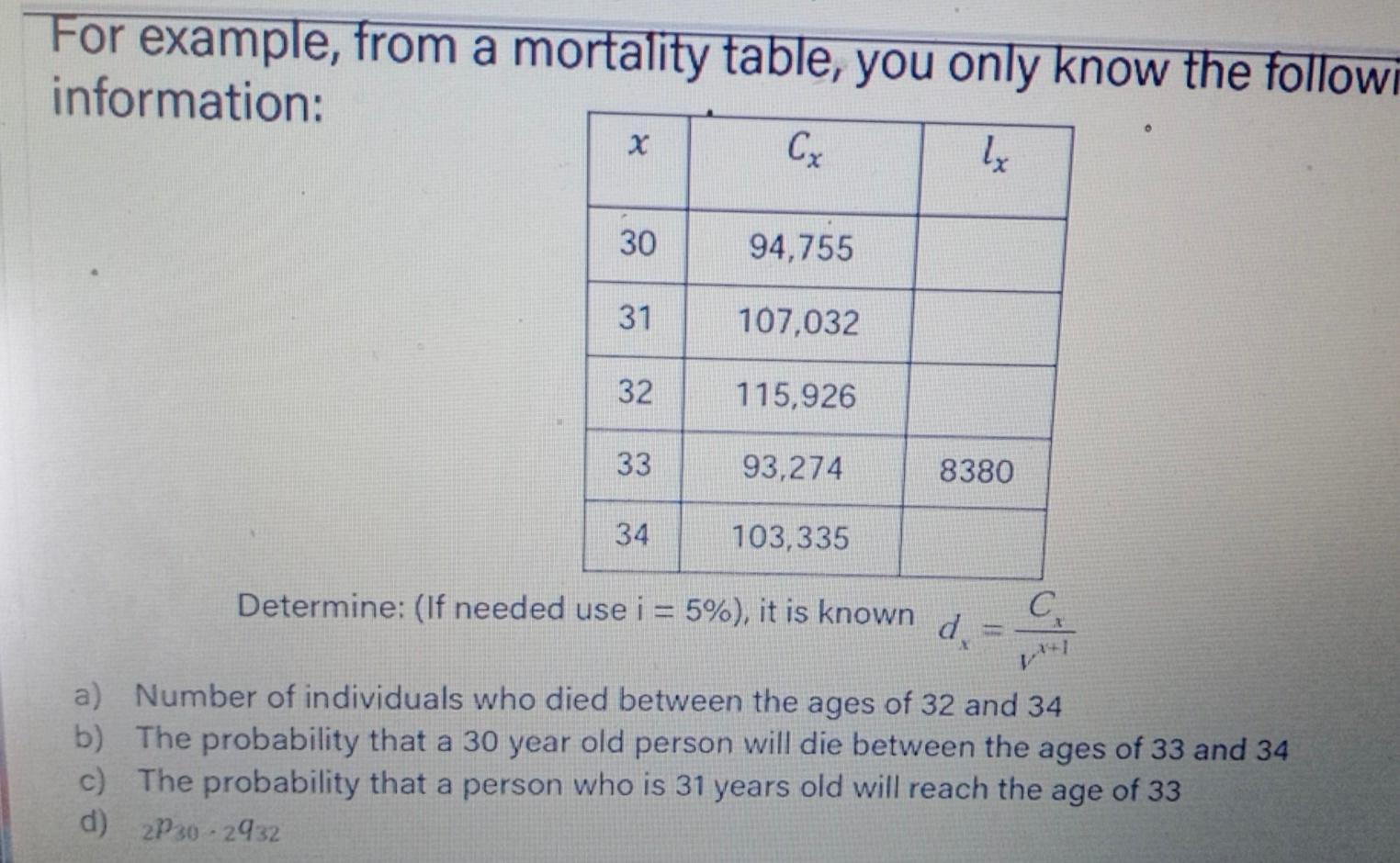 For Example, From A Mortality Table, You Only Know | Chegg.com