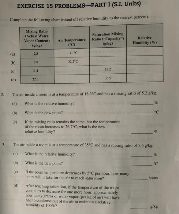 Solved EXERCISE 15 PROBLEMS–PART I (S.I. Units) Complete the | Chegg.com