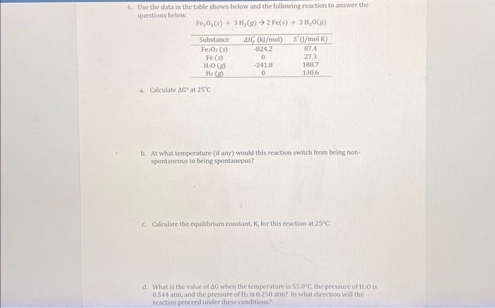 Solved 6. Use the data in the table shown below and the | Chegg.com