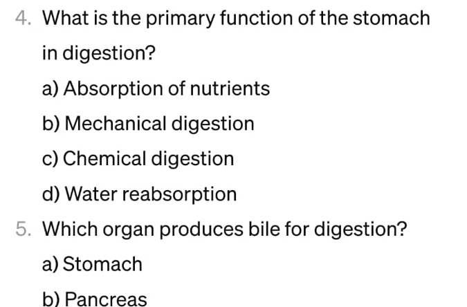 Solved biology: What is the primary function of the stomach | Chegg.com