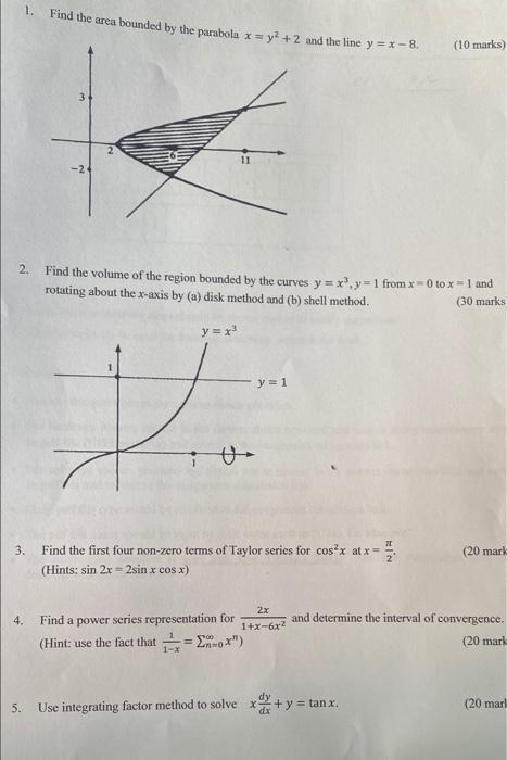 Solved 1 Find The Area Bounded By The Parabola X Y2 2 Chegg Com