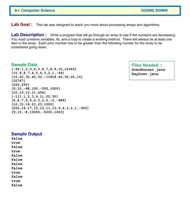 Solved A+ Computer Science GOING DOWN Lab Goal : This lab | Chegg.com