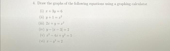 4. Draw the graphs of the following equations using a graphing calculator.
(i) \( x+3 y=6 \)
(ii) \( y+1=x^{2} \)
(iii) \( 2 