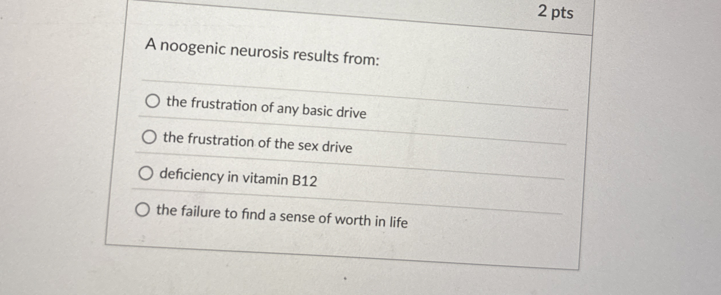 Solved 2 ﻿ptsA noogenic neurosis results from:the | Chegg.com