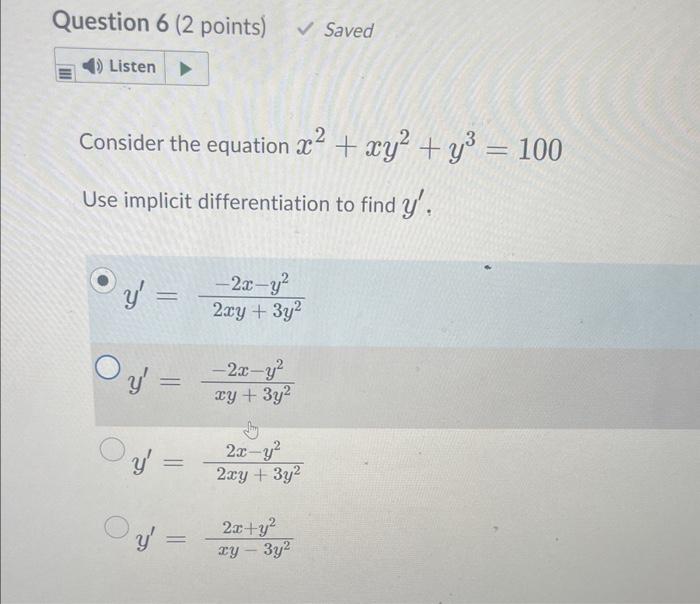 Solved Consider The Equation X2xy2y3100 Use Implicit 2482