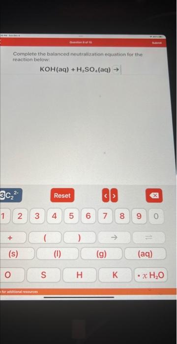 Complete the balanced neutralization equation for the reaction below:
\[
\mathrm{KOH}(\mathrm{aq})+\mathrm{H}_{2} \mathrm{SO}