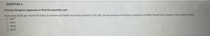 Solved QUESTION 4 Prorate the given expenses to find the | Chegg.com