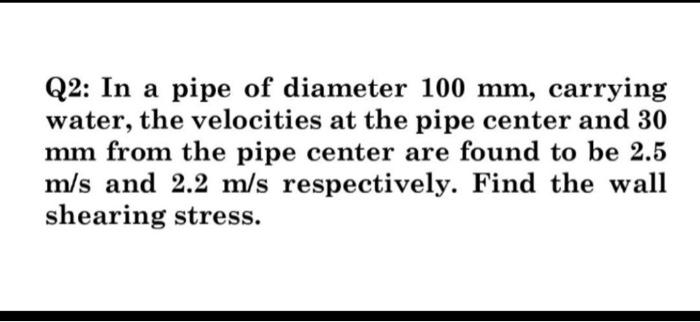 Solved Q2: In a pipe of diameter 100 mm, carrying water, the | Chegg.com