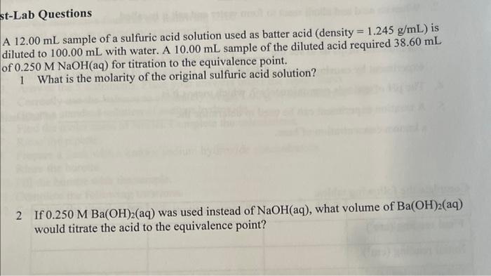 Solved A 12.00 ML Sample Of A Sulfuric Acid Solution Used As | Chegg.com